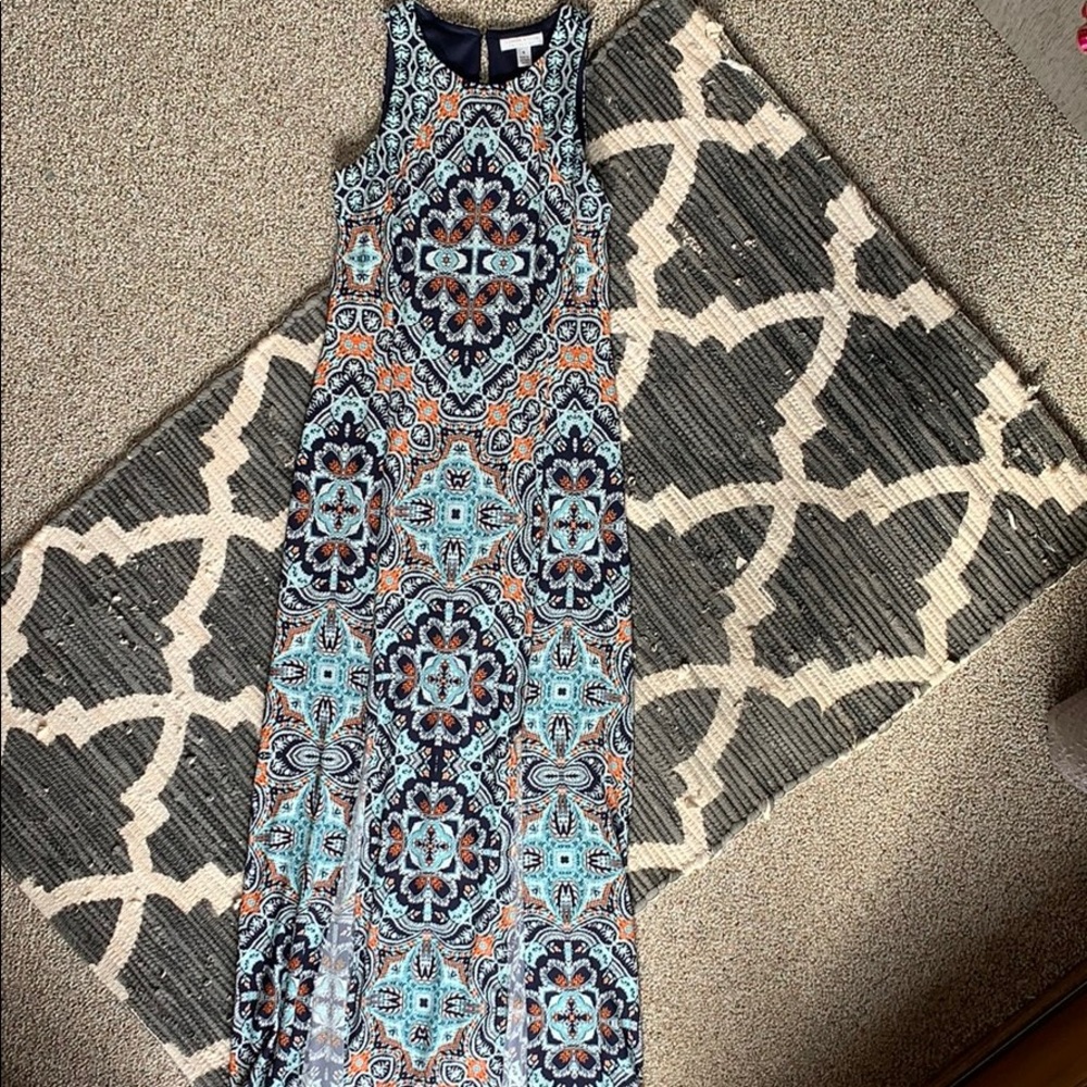 Blue and teal with orange accents maxi dress.